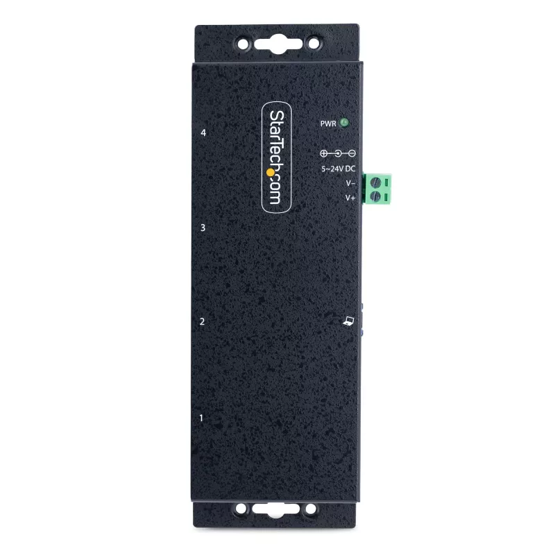 StarTech.com 4 prievadų pramoninis USB 3.0 5Gbps šakotuvas, tvirtas USB šakotuvas su ESD apsauga, montuojamas ant DIN bėgio/sienos/stalo, USB išplėtimo šakotuvas su fiksuojamaisiais prievadais, patvarus - TAA