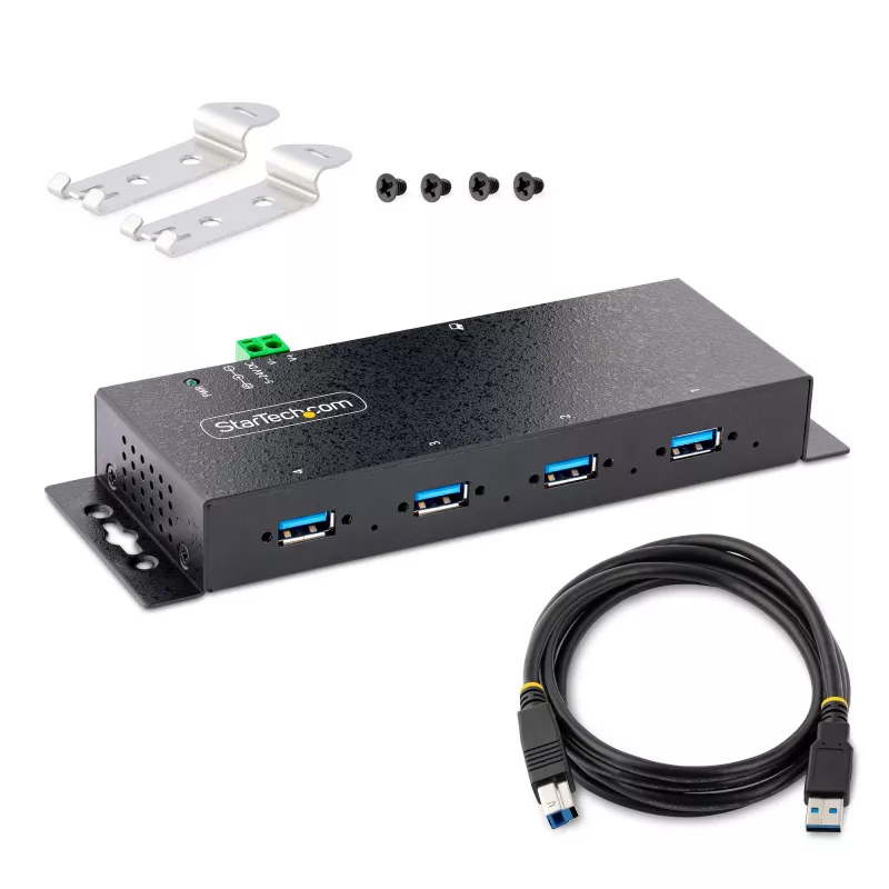 StarTech.com 4 prievadų pramoninis USB 3.0 5Gbps šakotuvas, tvirtas USB šakotuvas su ESD apsauga, montuojamas ant DIN bėgio/sienos/stalo, USB išplėtimo šakotuvas su fiksuojamaisiais prievadais, patvarus - TAA