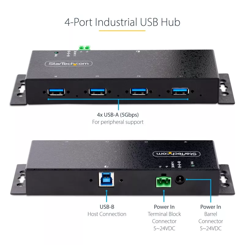 StarTech.com 4 prievadų pramoninis USB 3.0 5Gbps šakotuvas, tvirtas USB šakotuvas su ESD apsauga, montuojamas ant DIN bėgio/sienos/stalo, USB išplėtimo šakotuvas su fiksuojamaisiais prievadais, patvarus - TAA