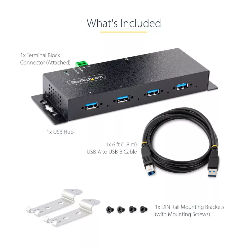 StarTech.com 4 prievadų pramoninis USB 3.0 5Gbps šakotuvas, tvirtas USB šakotuvas su ESD apsauga, montuojamas ant DIN bėgio/sienos/stalo, USB išplėtimo šakotuvas su fiksuojamaisiais prievadais, patvarus - TAA