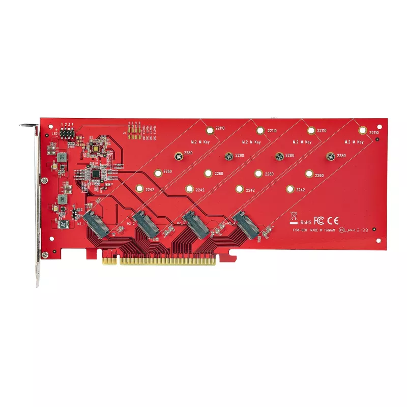 „StarTech.com“ keturių M.2 PCIe adapterio kortelė, PCIe x16 į keturis NVMe arba AHCI M.2 SSD, PCI Express 4.0, 7,8 GB/s vienam diskui, reikalinga bifurkacija, suderinama su „Windows“ / „Linux“