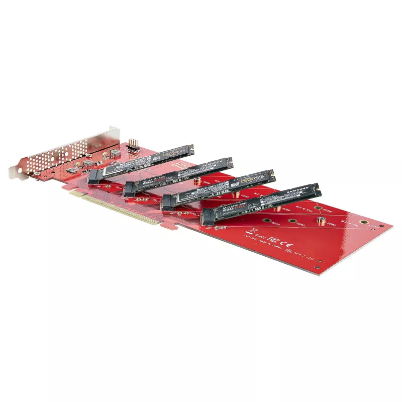 „StarTech.com“ keturių M.2 PCIe adapterio kortelė, PCIe x16 į keturis NVMe arba AHCI M.2 SSD, PCI Express 4.0, 7,8 GB/s vienam diskui, reikalinga bifurkacija, suderinama su „Windows“ / „Linux“