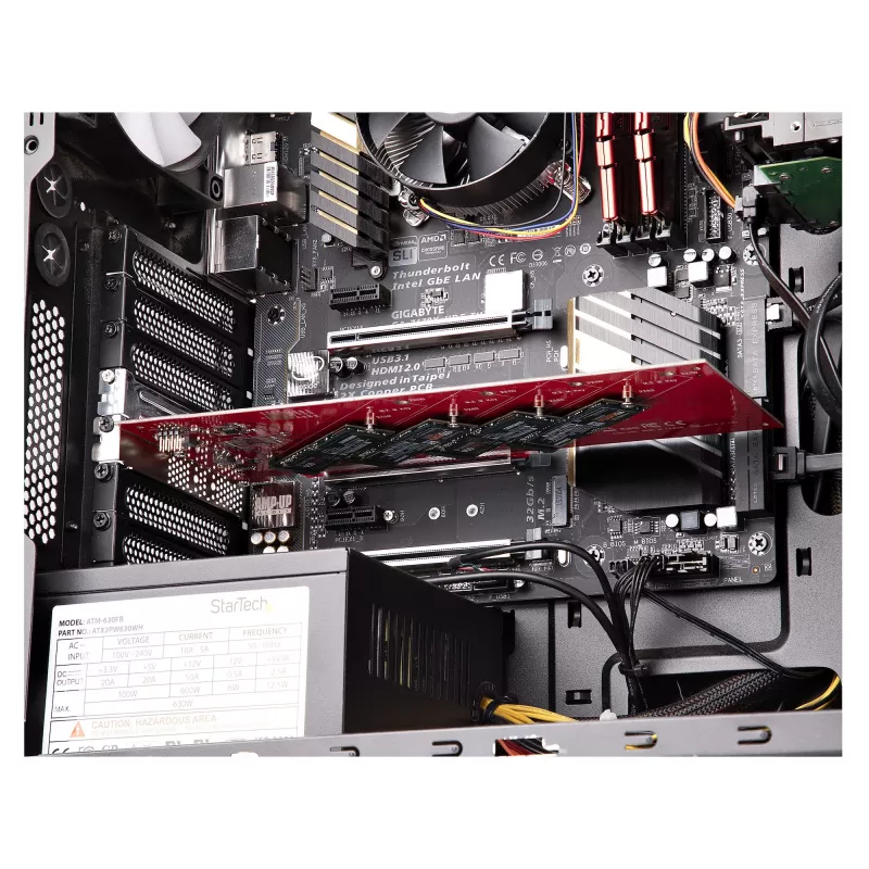 „StarTech.com“ keturių M.2 PCIe adapterio kortelė, PCIe x16 į keturis NVMe arba AHCI M.2 SSD, PCI Express 4.0, 7,8 GB/s vienam diskui, reikalinga bifurkacija, suderinama su „Windows“ / „Linux“