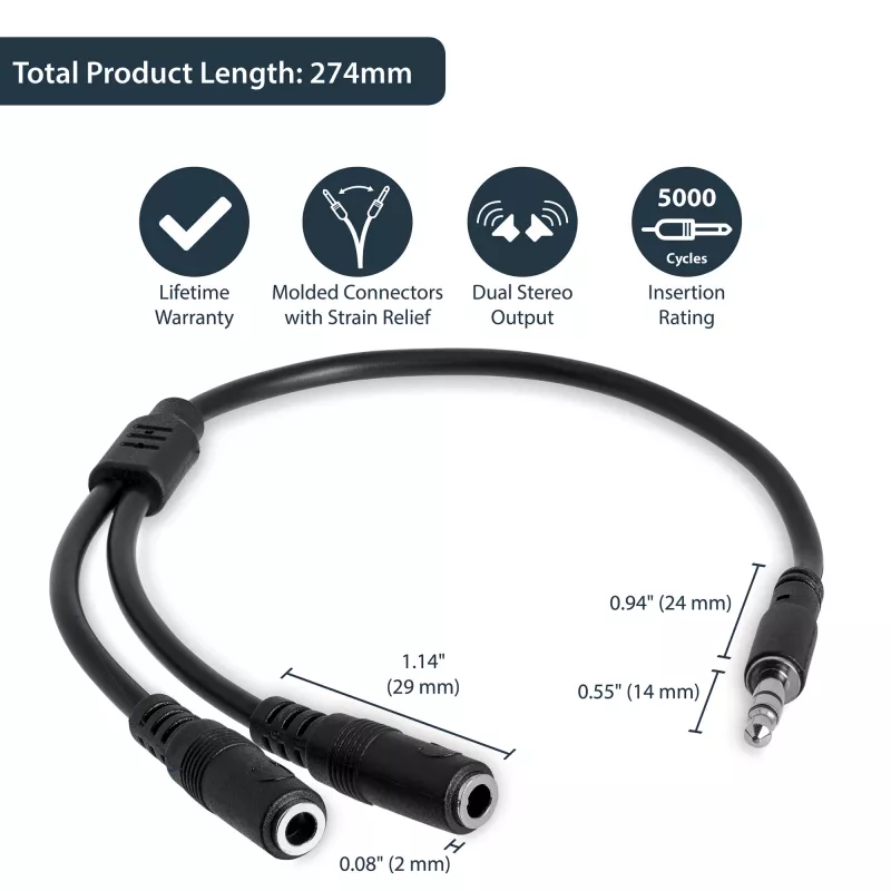 StarTech.com plonas stereo skirstytuvas - 3,5 mm kištukas į 2x 3,5 mm lizdus