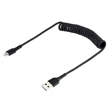 StarTech.com 50 cm USB–Lightning kabelis, MFi sertifikuotas, spiralinis, juodas, tvirtas TPE apvalkalas, aramido pluoštas