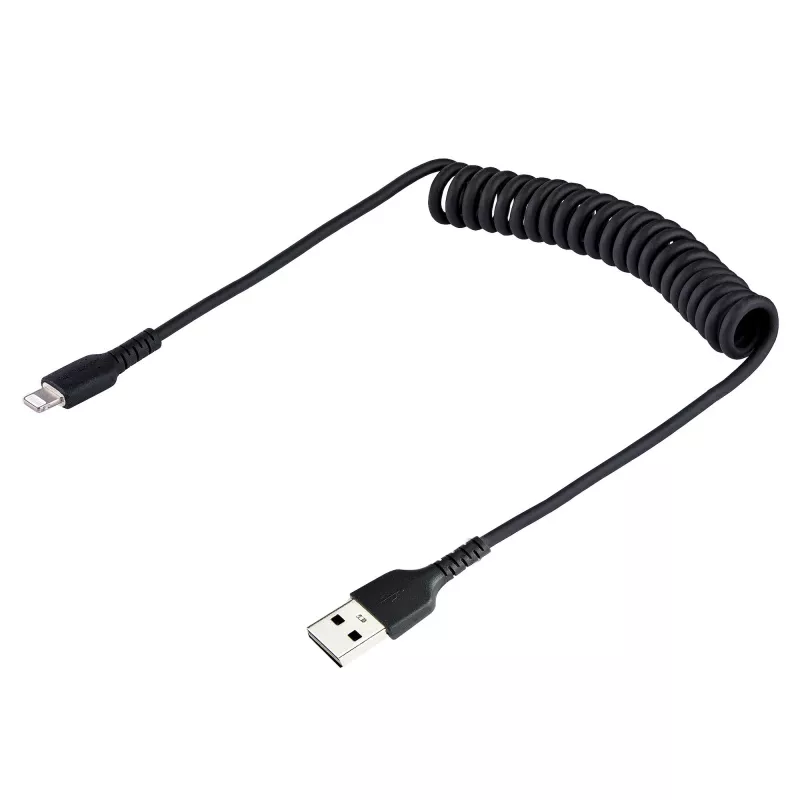 StarTech.com 50 cm USB–Lightning kabelis, MFi sertifikuotas, spiralinis, juodas, tvirtas TPE apvalkalas, aramido pluoštas