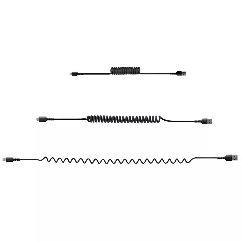 StarTech.com 50 cm USB–Lightning kabelis, MFi sertifikuotas, spiralinis, juodas, tvirtas TPE apvalkalas, aramido pluoštas