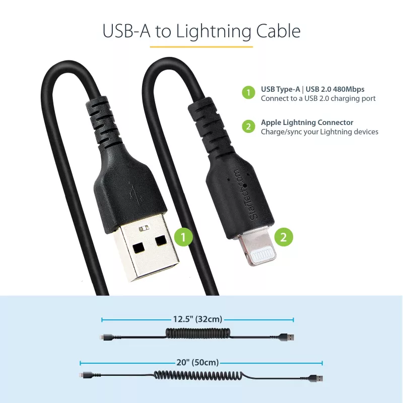 StarTech.com 50 cm USB–Lightning kabelis, MFi sertifikuotas, spiralinis, juodas, tvirtas TPE apvalkalas, aramido pluoštas