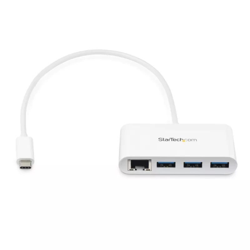 StarTech.com 3 prievadų USB-C šakotuvas su Gigabit Ethernet - USB-C į 3x USB-A - USB 3.0 šakotuvas - baltas