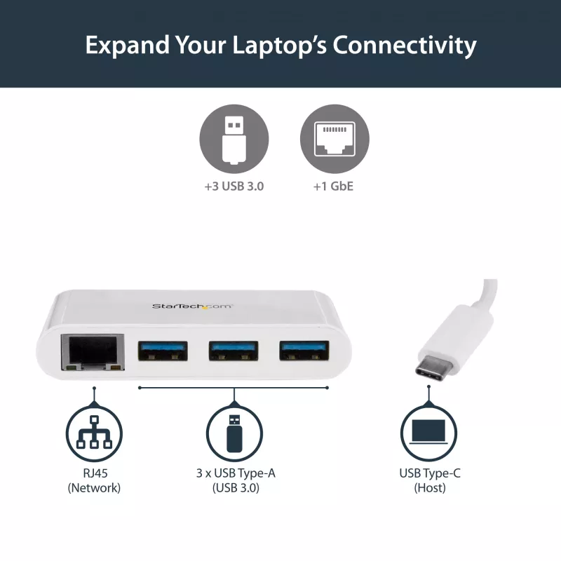 StarTech.com 3 prievadų USB-C šakotuvas su Gigabit Ethernet - USB-C į 3x USB-A - USB 3.0 šakotuvas - baltas
