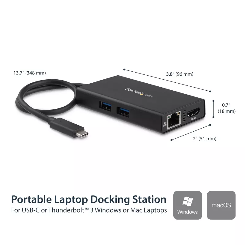 StarTech.com USB-C kelių prievadų adapteris – USB-C kelioninis dokas su 4K HDMI, 60W PD, GbE, 2x USB-A 3.0 – nešiojamas mini USB-C dokas nešiojamam kompiuteriui