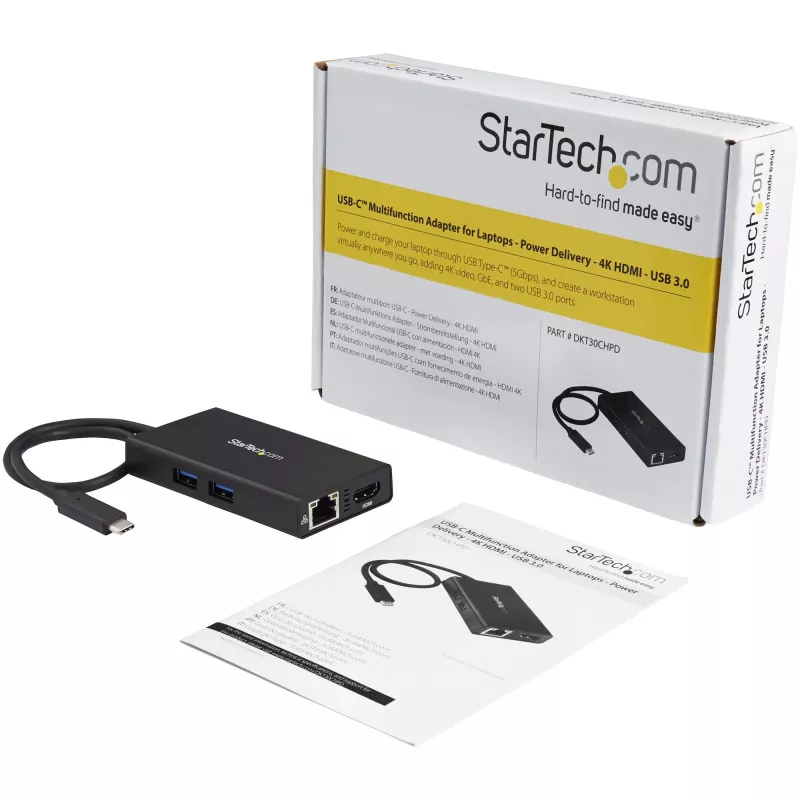 StarTech.com USB-C kelių prievadų adapteris – USB-C kelioninis dokas su 4K HDMI, 60W PD, GbE, 2x USB-A 3.0 – nešiojamas mini USB-C dokas nešiojamam kompiuteriui