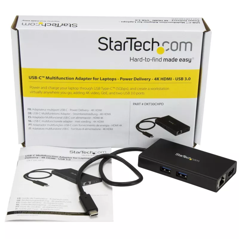 StarTech.com USB-C kelių prievadų adapteris – USB-C kelioninis dokas su 4K HDMI, 60W PD, GbE, 2x USB-A 3.0 – nešiojamas mini USB-C dokas nešiojamam kompiuteriui