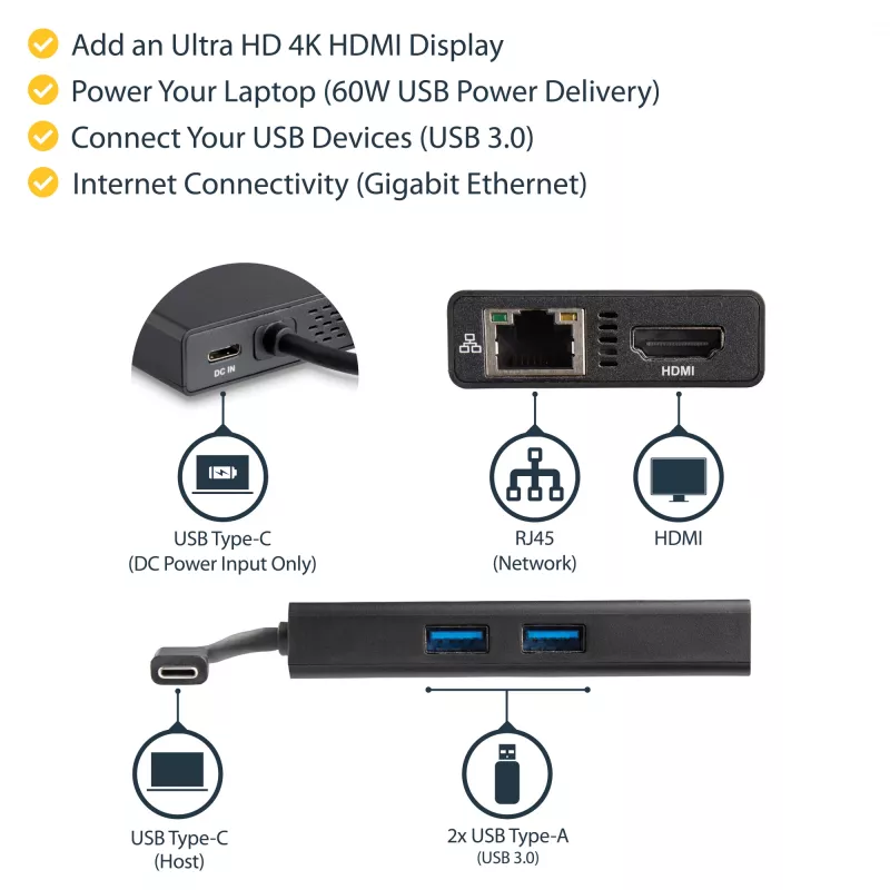 StarTech.com USB-C kelių prievadų adapteris – USB-C kelioninis dokas su 4K HDMI, 60W PD, GbE, 2x USB-A 3.0 – nešiojamas mini USB-C dokas nešiojamam kompiuteriui
