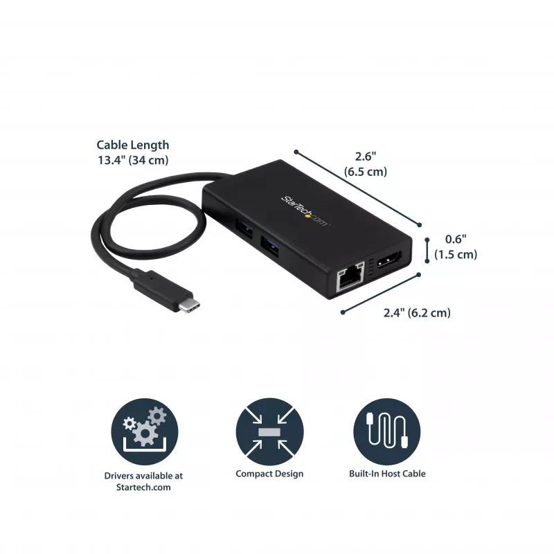 StarTech.com USB-C kelių prievadų adapteris – USB-C kelioninis dokas su 4K HDMI, 60W PD, GbE, 2x USB-A 3.0 – nešiojamas mini USB-C dokas nešiojamam kompiuteriui