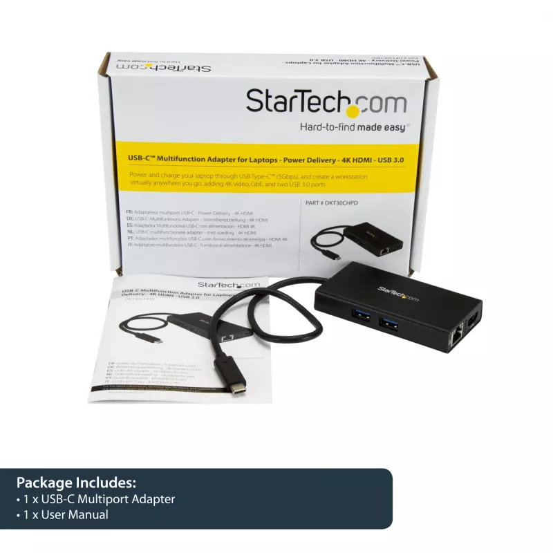 StarTech.com USB-C kelių prievadų adapteris – USB-C kelioninis dokas su 4K HDMI, 60W PD, GbE, 2x USB-A 3.0 – nešiojamas mini USB-C dokas nešiojamam kompiuteriui