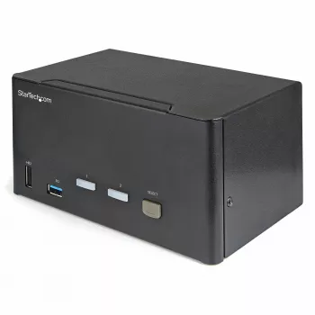 StarTech.com 2 prievadų trijų monitorių DisplayPort KVM jungiklis – 4K 60Hz UHD HDR – stalinis DP 1.2 KVM su 2 prievadų USB 3.0 centru (5Gbps) ir 4x USB 2.0 HID prievadais, garsu, klaviatūros klavišų perjungimu – TAA