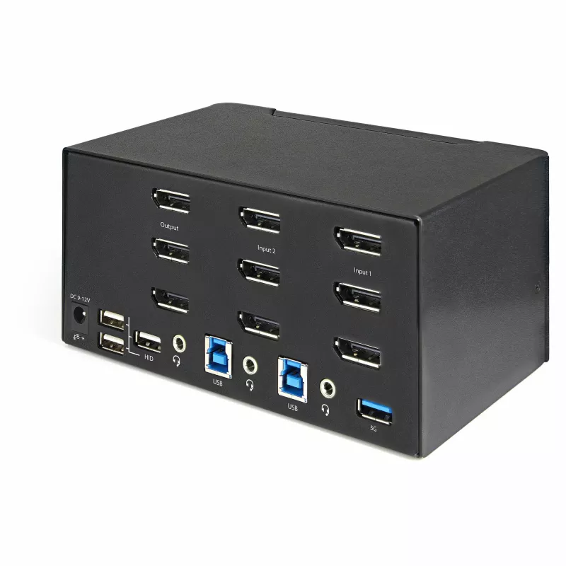StarTech.com 2 prievadų trijų monitorių DisplayPort KVM jungiklis – 4K 60Hz UHD HDR – stalinis DP 1.2 KVM su 2 prievadų USB 3.0 centru (5Gbps) ir 4x USB 2.0 HID prievadais, garsu, klaviatūros klavišų perjungimu – TAA