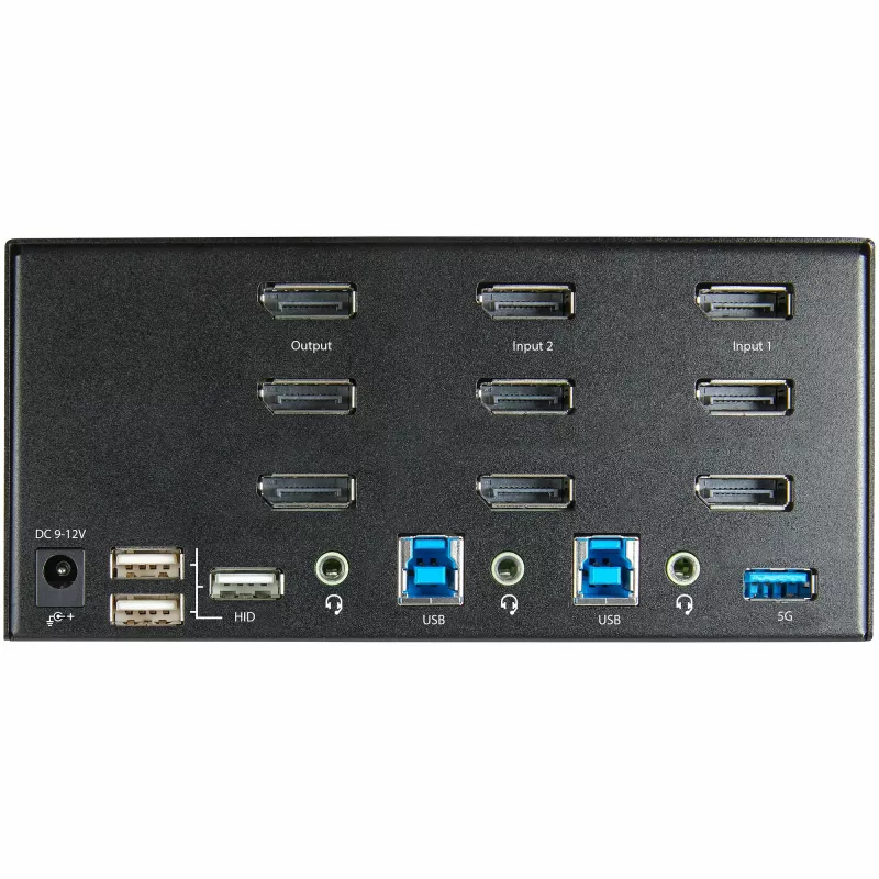 StarTech.com 2 prievadų trijų monitorių DisplayPort KVM jungiklis – 4K 60Hz UHD HDR – stalinis DP 1.2 KVM su 2 prievadų USB 3.0 centru (5Gbps) ir 4x USB 2.0 HID prievadais, garsu, klaviatūros klavišų perjungimu – TAA