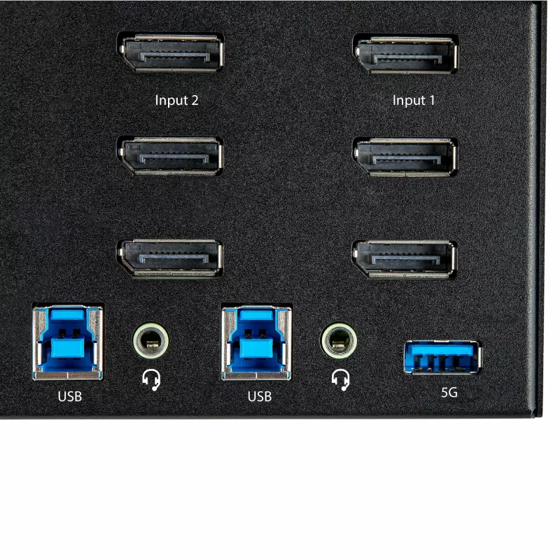 StarTech.com 2 prievadų trijų monitorių DisplayPort KVM jungiklis – 4K 60Hz UHD HDR – stalinis DP 1.2 KVM su 2 prievadų USB 3.0 centru (5Gbps) ir 4x USB 2.0 HID prievadais, garsu, klaviatūros klavišų perjungimu – TAA