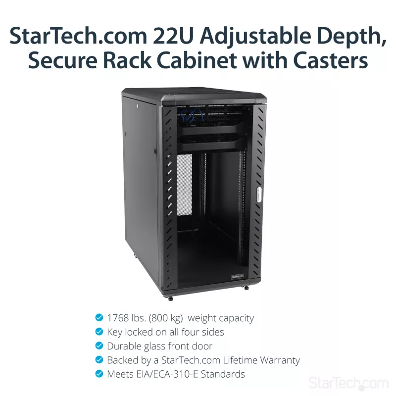 StarTech.com 4-Post 22U serverio spinta, užrakinama 19 colių duomenų spinta kompiuteriams, AV, IT įrangai, biuro / namų tinklo spinta su ratukais ir reguliuojamais montavimo bėgeliais