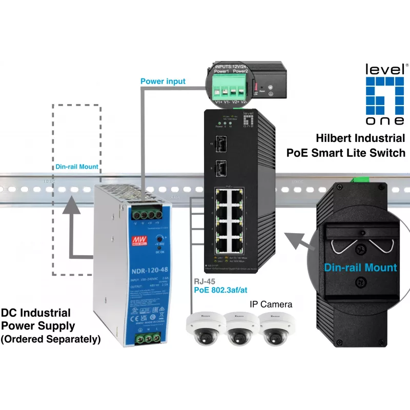 Valdomas jungiklis LevelOne Hilbert 10 prievadų pramoninis Gigabit PoE Smart Lite Switch