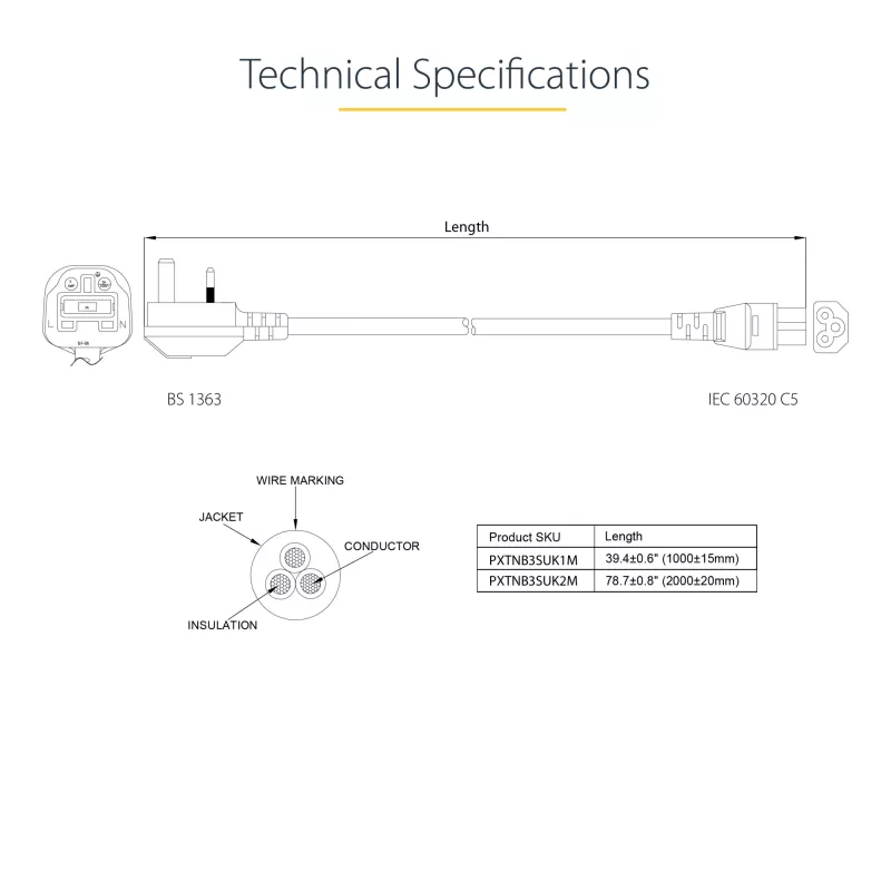 StarTech.com 2 m maitinimo laidas nešiojamam kompiuteriui, BS 1363 į C5 (dobilinis lapas), 2,5A 250V, 18AWG