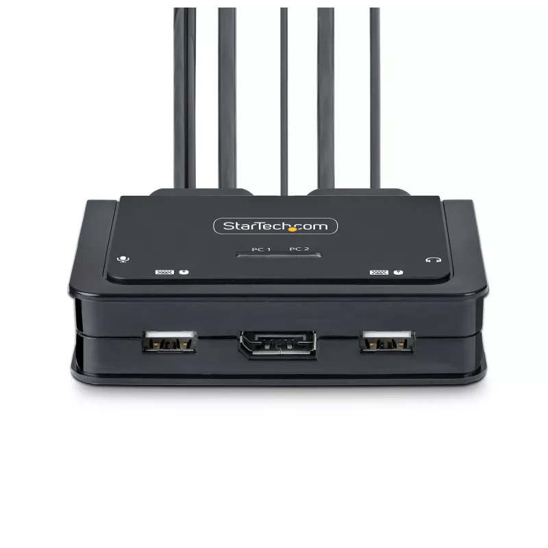StarTech.com 2 prievadų hibridinis USB-C DisplayPort KVM jungiklis su integruotais kabeliais, 4K 60Hz, nuotolinis mygtukas / klaviatūros klavišai
