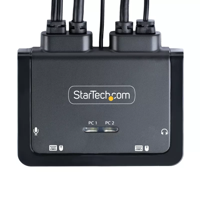 StarTech.com 2 prievadų hibridinis USB-C DisplayPort KVM jungiklis su integruotais kabeliais, 4K 60Hz, nuotolinis mygtukas / klaviatūros klavišai