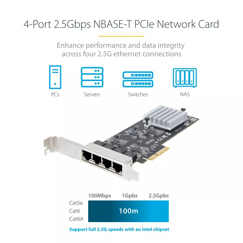 StarTech.com 4 prievadų 2,5 Gbps NBASE-T PCIe tinklo plokštė, Intel I225-V, keturių prievadų kompiuterio tinklo plokštė, kelių gigabitų NIC, PCI Express serverio LAN plokštė, stalinio kompiuterio Ethernet sąsaja