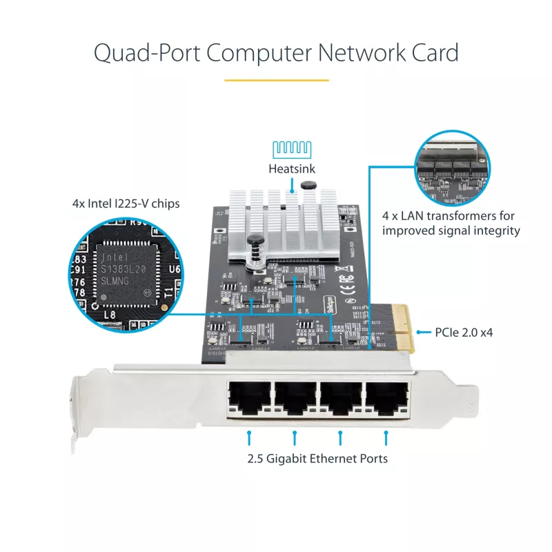 StarTech.com 4 prievadų 2,5 Gbps NBASE-T PCIe tinklo plokštė, Intel I225-V, keturių prievadų kompiuterio tinklo plokštė, kelių gigabitų NIC, PCI Express serverio LAN plokštė, stalinio kompiuterio Ethernet sąsaja