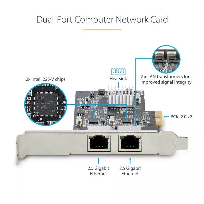 „StarTech.com“ 2 prievadų 2,5 Gbps NBASE-T PCIe tinklo plokštė su Intel I225-V, dviejų prievadų kompiuterio tinklo kortelė, kelių gigabitų NIC, PCI Express serverio LAN kortelė, darbalaukio Ethernet sąsaja