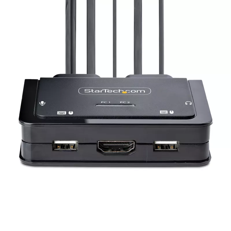 StarTech.com 2 prievadų hibridinis USB-C HDMI KVM jungiklis, 4K 60Hz, kompaktiškas KVM su integruotais 1,8 m USB-A/HDMI/garso ir 1,2 m USB-C laidais, maitinamas iš USB – nuotolinis mygtukas / klaviatūros kombinacijos perjungimas