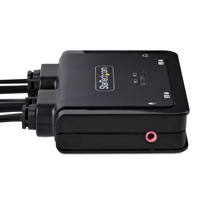 StarTech.com 2 prievadų hibridinis USB-C HDMI KVM jungiklis, 4K 60Hz, kompaktiškas KVM su integruotais 1,8 m USB-A/HDMI/garso ir 1,2 m USB-C laidais, maitinamas iš USB – nuotolinis mygtukas / klaviatūros kombinacijos perjungimas