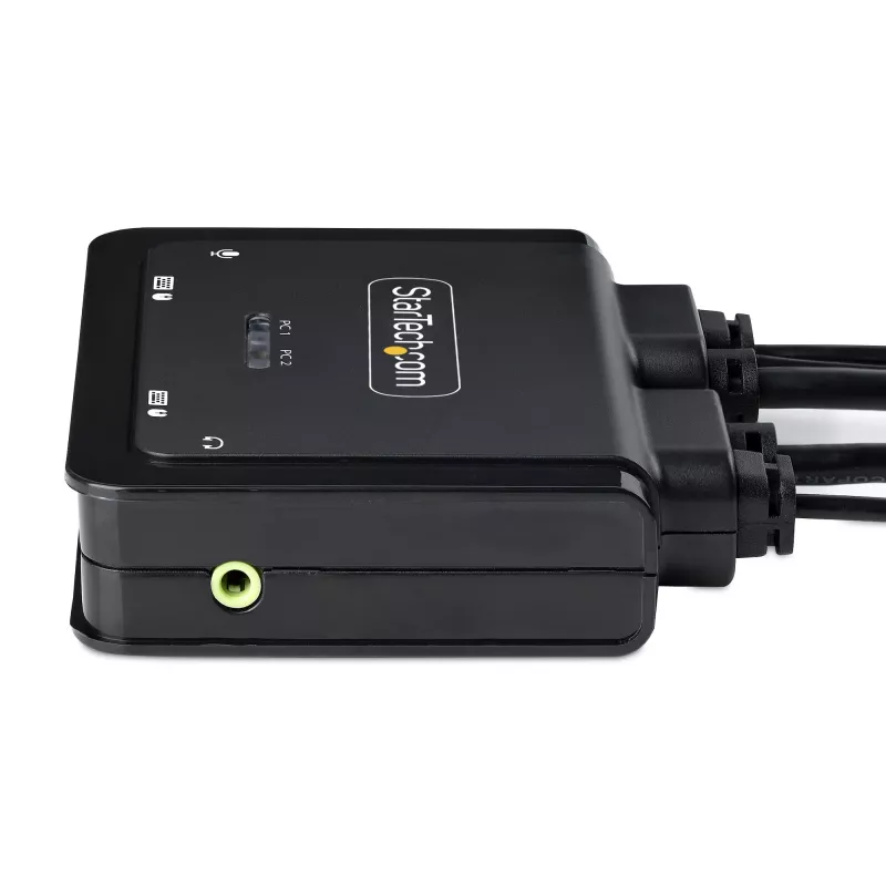 StarTech.com 2 prievadų hibridinis USB-C HDMI KVM jungiklis, 4K 60Hz, kompaktiškas KVM su integruotais 1,8 m USB-A/HDMI/garso ir 1,2 m USB-C laidais, maitinamas iš USB – nuotolinis mygtukas / klaviatūros kombinacijos perjungimas