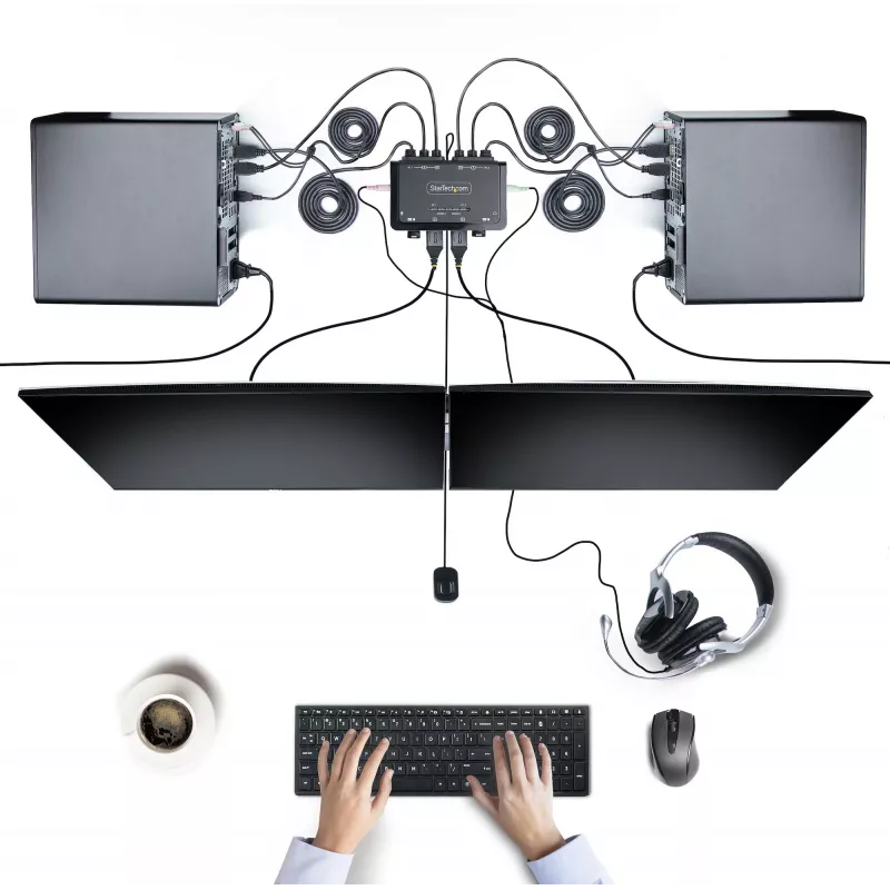 StarTech.com 2 prievadų dviejų monitorių HDMI KVM jungiklis, 4K 60Hz, kompaktiškas KVM su 1,5 m USB-A/HDMI/garso integruotais kabeliais, maitinamas per USB, nuotolinis mygtukas / klavišų kombinacijos