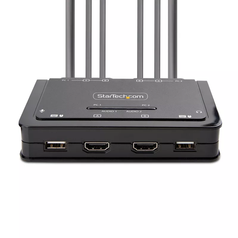 StarTech.com 2 prievadų dviejų monitorių HDMI KVM jungiklis, 4K 60Hz, kompaktiškas KVM su 1,5 m USB-A/HDMI/garso integruotais kabeliais, maitinamas per USB, nuotolinis mygtukas / klavišų kombinacijos