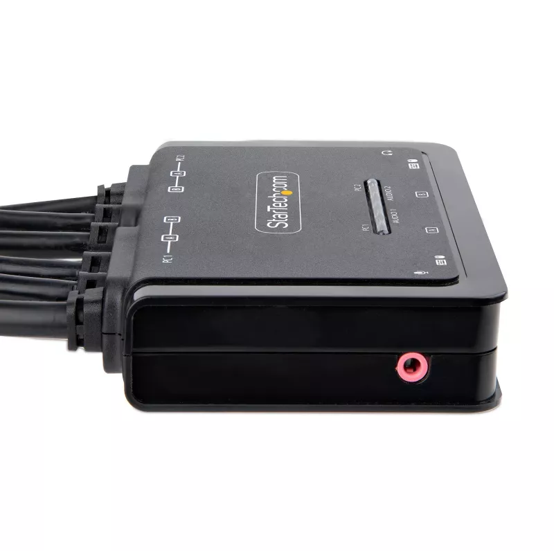 StarTech.com 2 prievadų dviejų monitorių HDMI KVM jungiklis, 4K 60Hz, kompaktiškas KVM su 1,5 m USB-A/HDMI/garso integruotais kabeliais, maitinamas per USB, nuotolinis mygtukas / klavišų kombinacijos