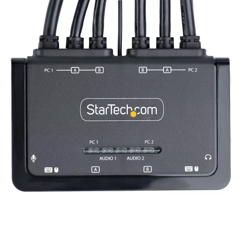 StarTech.com 2 prievadų dviejų monitorių HDMI KVM jungiklis, 4K 60Hz, kompaktiškas KVM su 1,5 m USB-A/HDMI/garso integruotais kabeliais, maitinamas per USB, nuotolinis mygtukas / klavišų kombinacijos