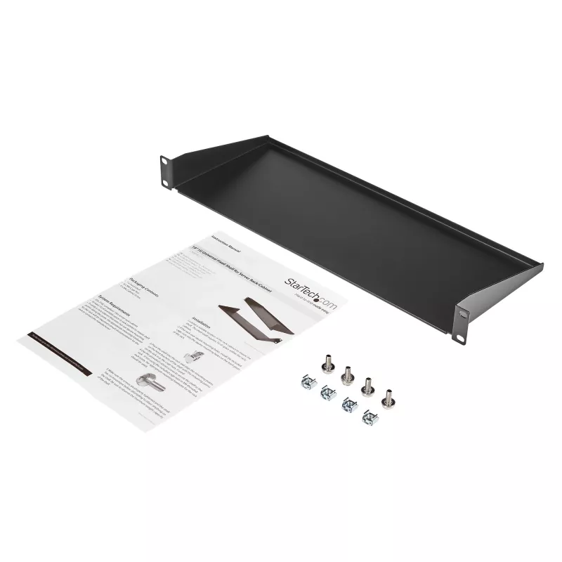 StarTech.com CABSHELF1U 1U serverių spintos lentyna, nekeičiamo aukščio gembinė lentyna 19 col. spintai, 17,7 cm (7 col.) gylio, 15 kg (33 sv.) keliamoji galia, su narvelinėmis veržlėmis ir varžtais, juodos spalvos