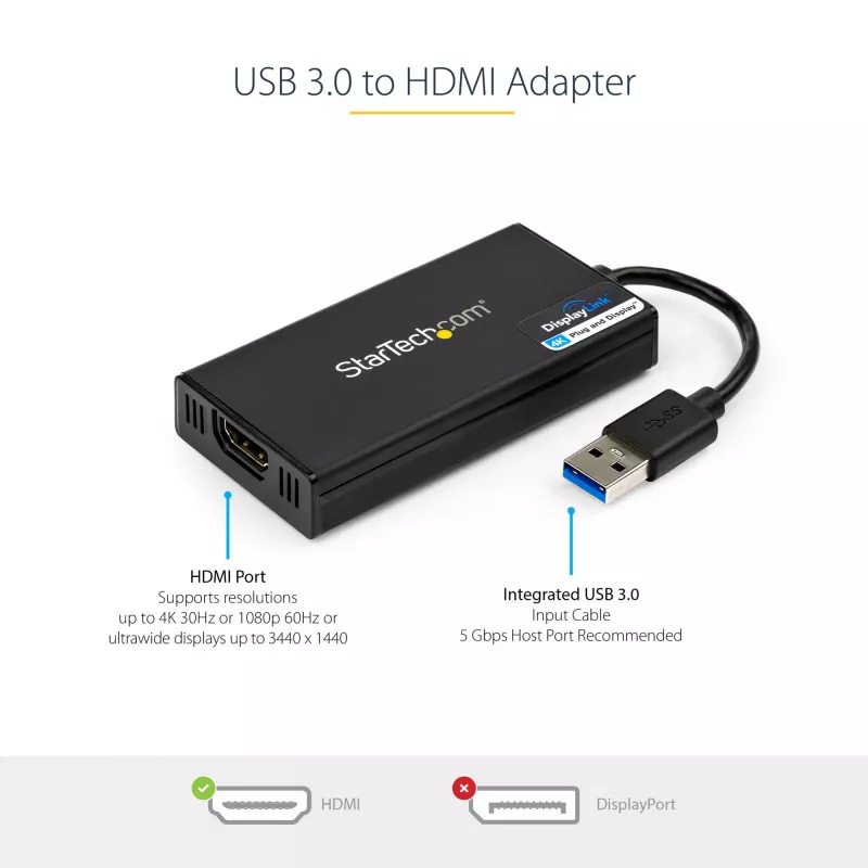 StarTech.com USB 3.0 į HDMI adapteris – 4K 30Hz itin didelė raiška – DisplayLink sertifikuotas – USB Type-A į HDMI monitoriaus adapteris – išorinė vaizdo plokštė – Mac ir Windows