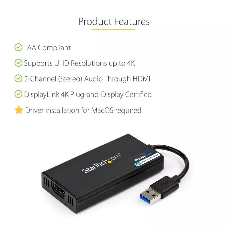 StarTech.com USB 3.0 į HDMI adapteris – 4K 30Hz itin didelė raiška – DisplayLink sertifikuotas – USB Type-A į HDMI monitoriaus adapteris – išorinė vaizdo plokštė – Mac ir Windows
