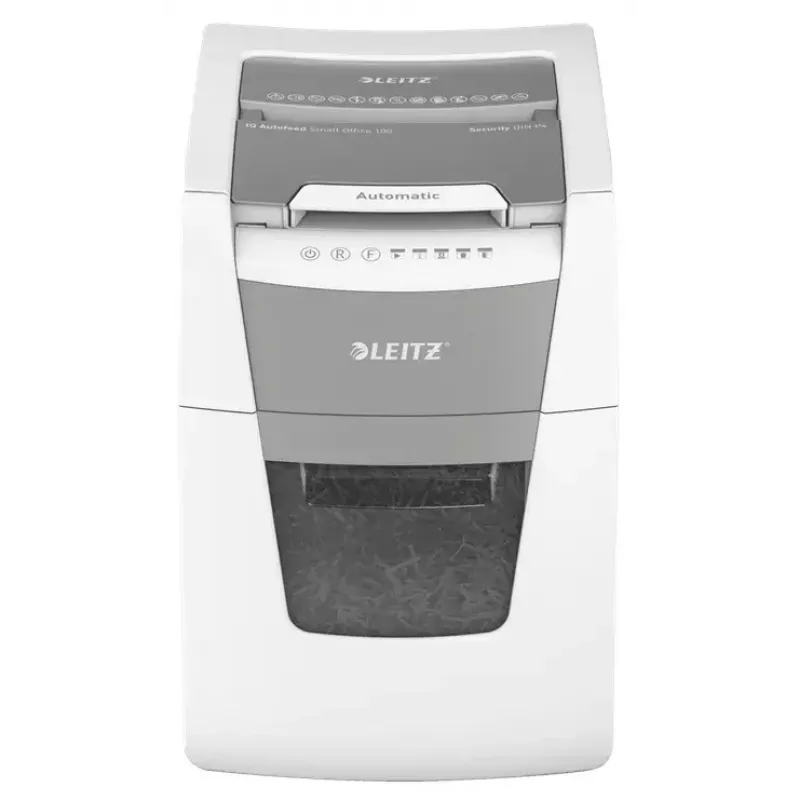 Popieriaus smulkintuvas LEITZ IQ Autofeed Small Office 100, kryžminis pjovimas P-4, 8 lapų, 22 cm padavimas, 34 L krepšelis, pilka