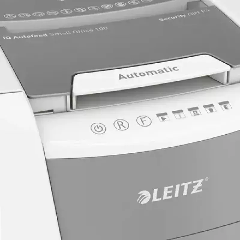 Popieriaus smulkintuvas LEITZ IQ Autofeed Small Office 100, kryžminis pjovimas P-4, 8 lapų, 22 cm padavimas, 34 L krepšelis, pilka