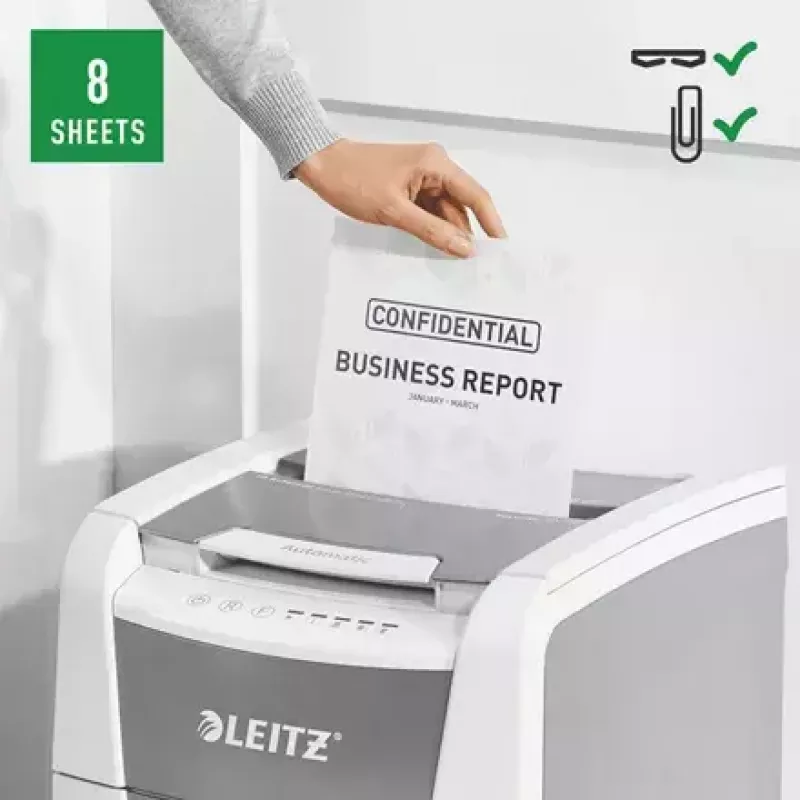 Popieriaus smulkintuvas LEITZ IQ Autofeed Small Office 100, kryžminis pjovimas P-4, 8 lapų, 22 cm padavimas, 34 L krepšelis, pilka