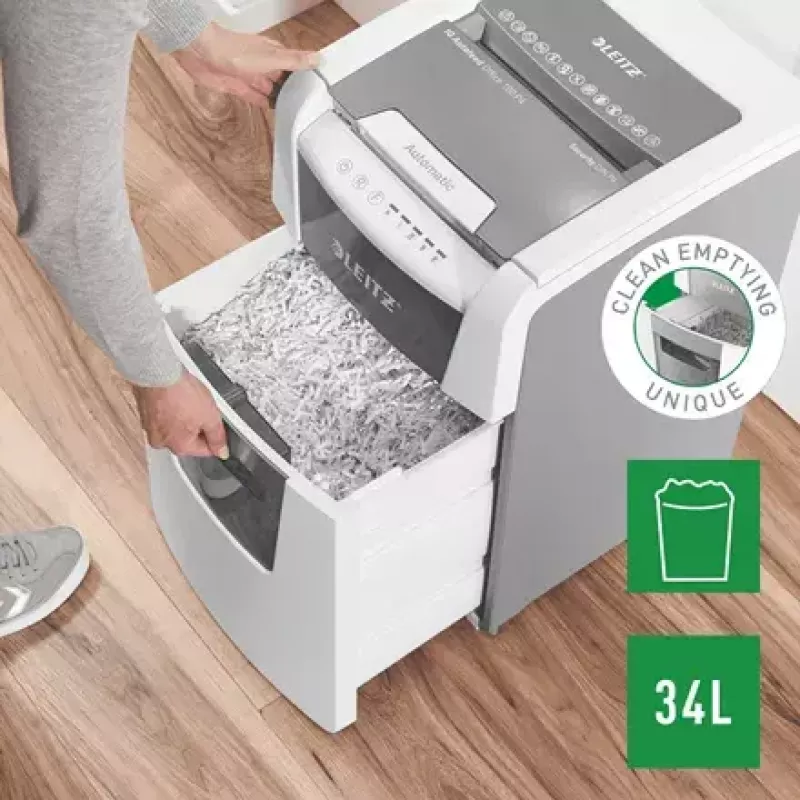 Popieriaus smulkintuvas LEITZ IQ Autofeed Small Office 100, kryžminis pjovimas P-4, 8 lapų, 22 cm padavimas, 34 L krepšelis, pilka