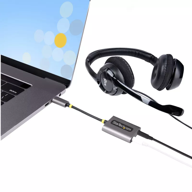StarTech.com USB-C ausinių skirstytuvas, USB Type C dvigubų ausinių adapteris su mikrofono įėjimu, USB C į 3.5 mm garso adapteris, 24 bitų DAC
