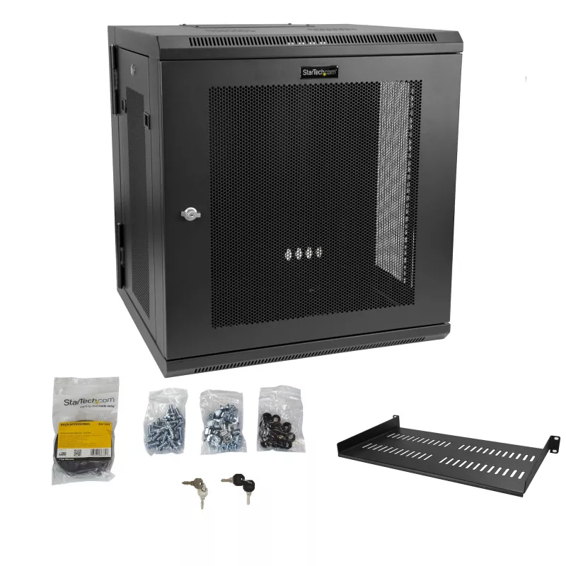 StarTech.com 4-Post 12U sieninis tinklo spintas su 1U lentyna, 19 colių vyriais tvirtinamas serverio stovas duomenų, AV, elektronikos, kompiuterių įrangai, lankstus ventiliuojamas korpusas