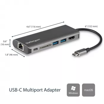StarTech.com USB-C kelių prievadų adapteris, nešiojamas USB-C dokas iki 4K HDMI, 2 prievadų USB 3.0 šakotuvas, SD/SDHC, GbE, 60W PD perdavimas - USB Type-C / Thunderbolt 3