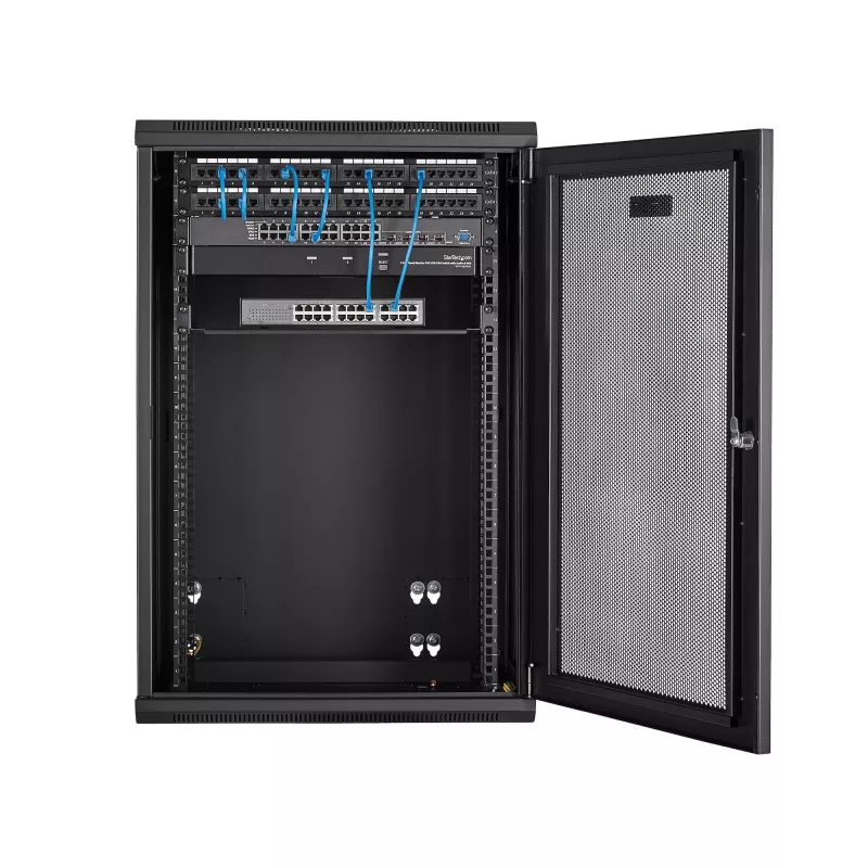 StarTech.com 4-Post 18U sieninis tinklo spintas su 1U lentyna, 19 colių vyriais tvirtinamas serverio stovas duomenų, AV, elektronikos, kompiuterių įrangai, lankstus ventiliuojamas korpusas